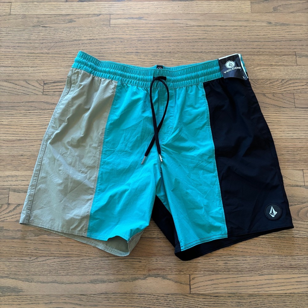 NWT Volcom Liberators Mens Large Colorblock Board Shorts Blue Tan Black Swim